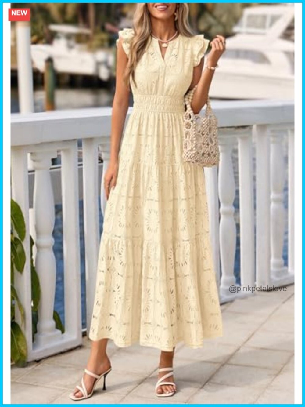 Boho Maxi Dress Flutter Sleeve V-Neck Floral Lace Eyelet Tiered Fit & Flare - Picture 2 of 6